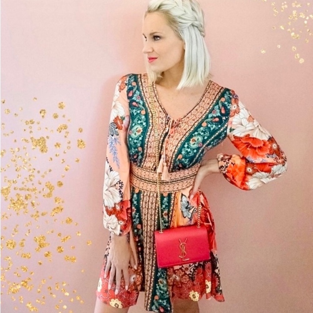 NEW FARM Rio Anthropologie Topanga Long Sleeve Tropical Print Mini Dress Sze XSP